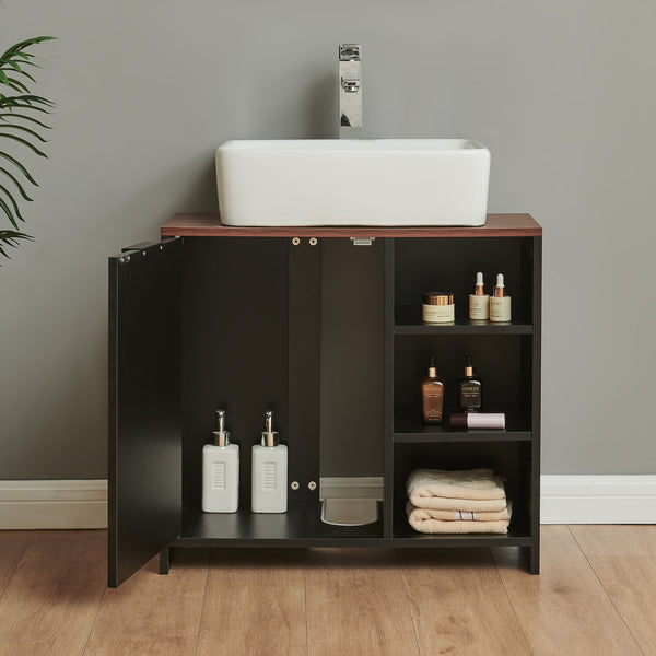 Dulap sub chiuveta cu 1 usa si 3 rafturi Trond 60x66x30 cm negru/efect lemn nuc  [en.casa]