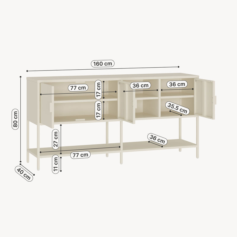 Schiță cotată Servanta cu usi si rafturi Kliri 160x40x80 cm otel crem deschis [en.casa]