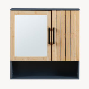 Dulap perete baie cu oglinda front din bambus si raft Svanes 58x56x13 cm gri inchis/natur [en.casa] 
