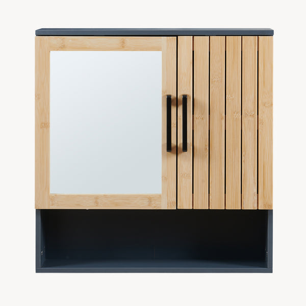 Dulap perete baie cu oglinda front din bambus si raft Svanes 58x56x13 cm gri inchis/natur [en.casa] 