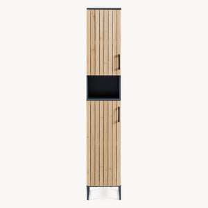 Dulap inalt baie cu front din bambus 2 usi si raft intermediar Svanes 170x30x30 cm gri inchis/natur [en.casa]