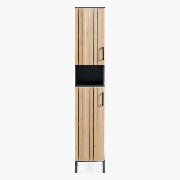 Dulap inalt baie cu front din bambus 2 usi si raft intermediar Svanes 170x30x30 cm gri inchis/natur [en.casa]