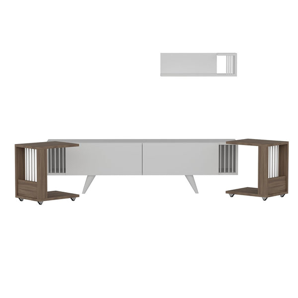 Set mobilier 4 componente suport TV cu raft si 2 mese laterale Glostrup alb stejar [en.casa]
