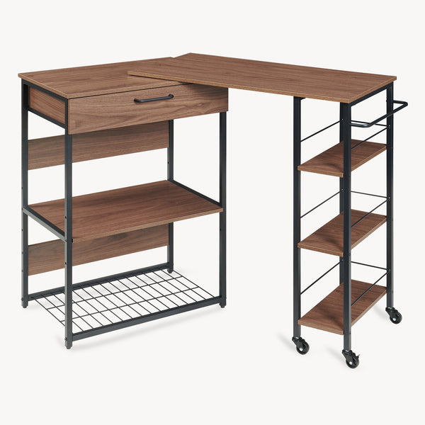 Sistem raft extensibil pe roti cu blat de lucru rotativ Kirhuskyna 130x40x85 cm negru/efect lemn nuc [en.casa]