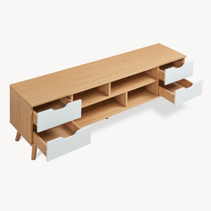 Comoda TV Bordkak 140x30x45 efect stejar/alb cu 4 sertare si 4 rafturi [en.casa]