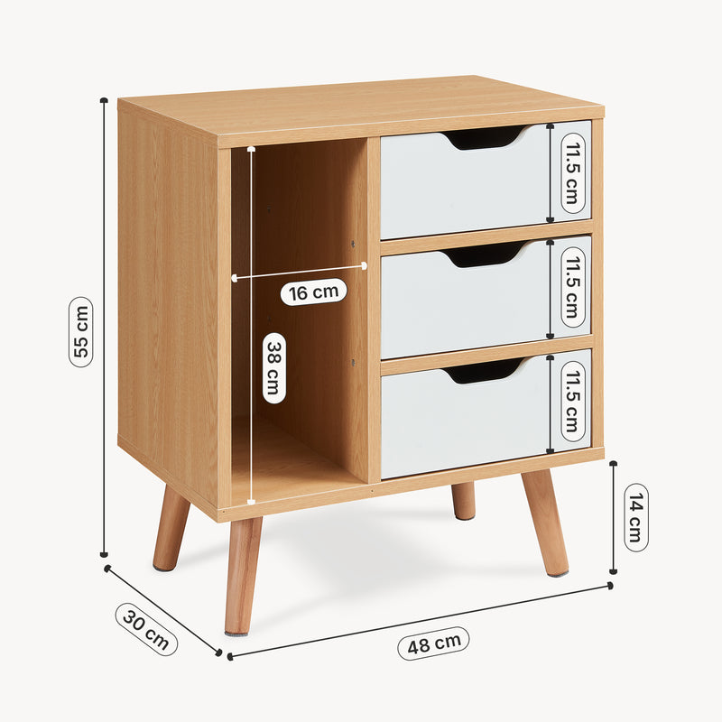 Schiță cotată Noptiera Bordkak 55x48x30 cm efect stejar/alb [en.casa]