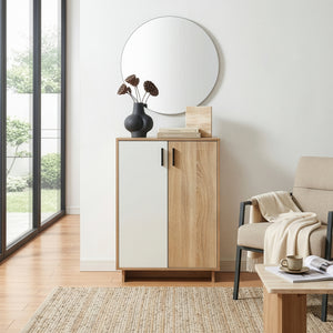 Dulap pantofi cu 2 usi bicolor Kenta 90x60x35 cm efect stejar Sonoma/alb [en.casa]