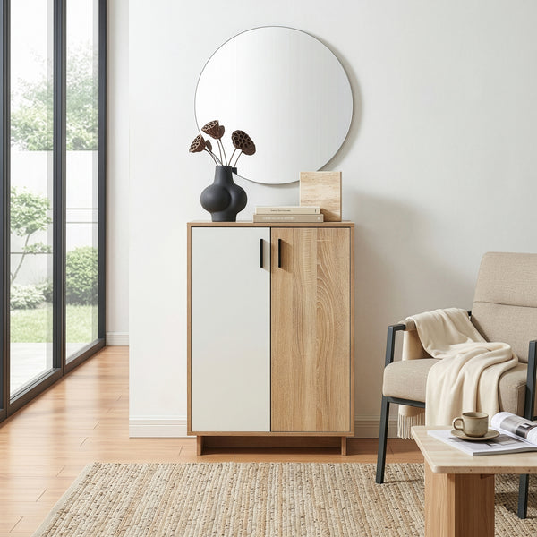 Dulap pantofi cu 2 usi bicolor Kenta 90x60x35 cm efect stejar Sonoma/alb [en.casa]