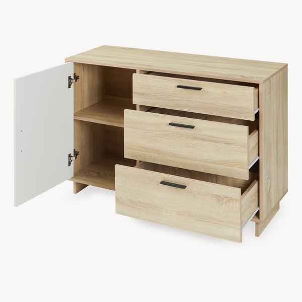Comoda cu 3 sertare si 1 usa Kenta 100x35x72 cm stejar decor Sonoma/alb [en.casa]