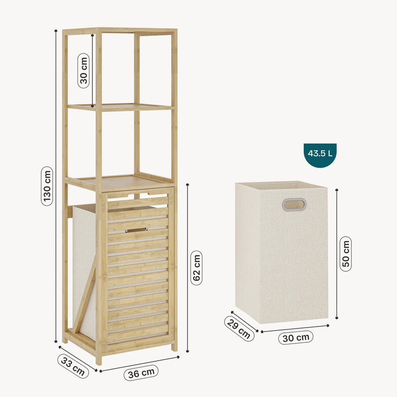 Schiță cotată Raft baie cu cos detasabil pentru rufele murdare Anun 130x36x33 cm efect lemn/bej [en.casa]