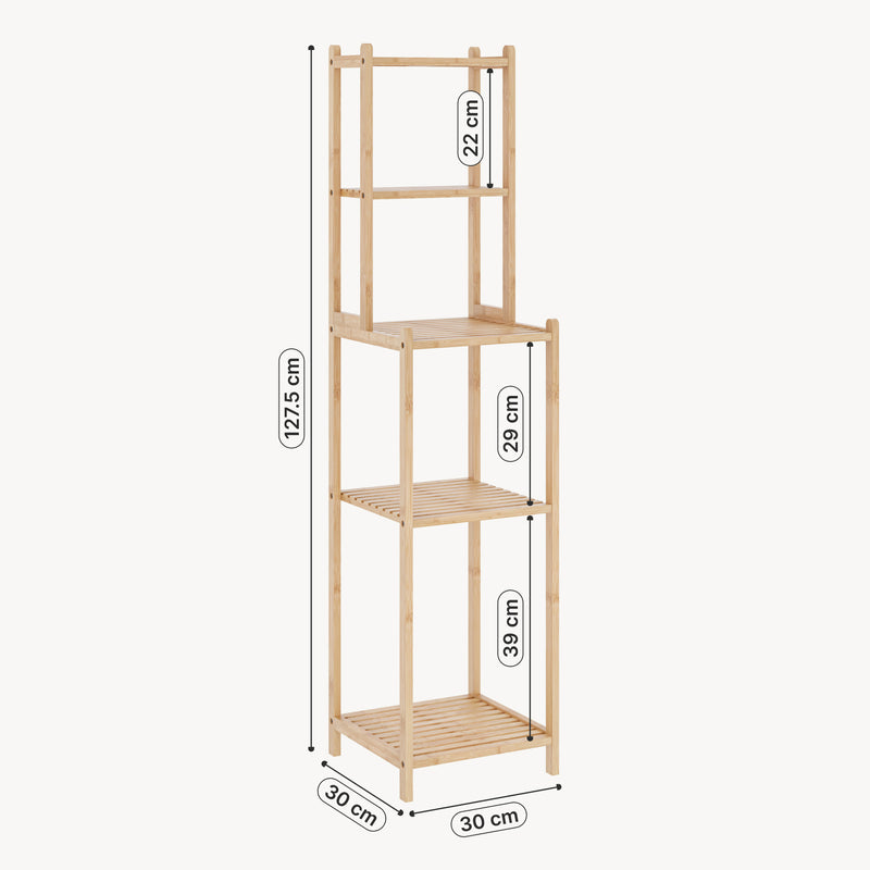 Schiță cotată Raft baie cu 4 polite depozitare Anun 127x30x30 cm bambus natur [en.casa]