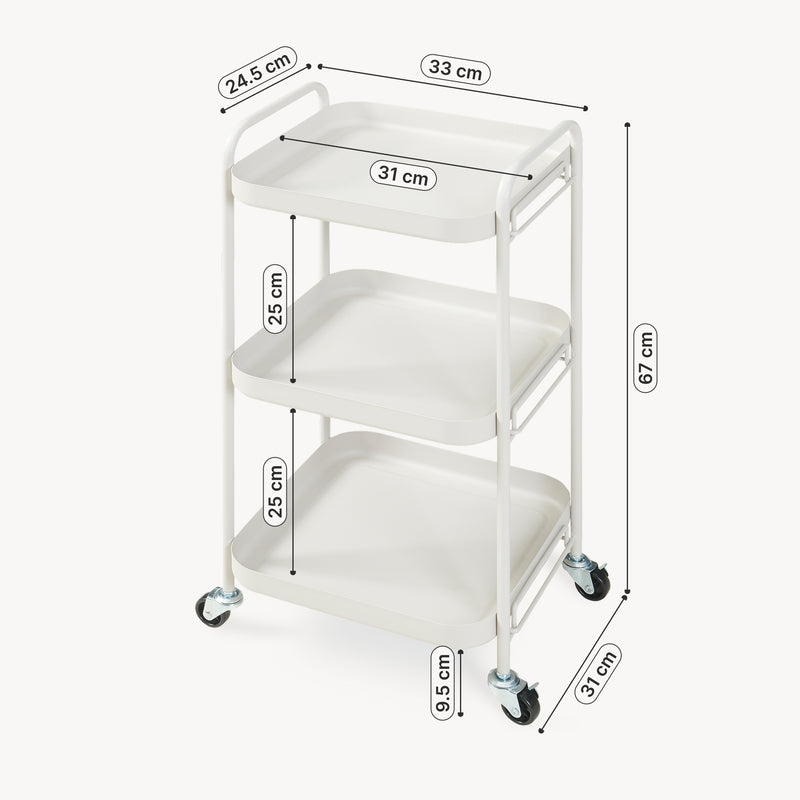 Schiță cotată Carucior servire la masa cu 3 nivele Kelevn 67x33x31 cm otel gri [en.casa]