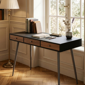 Birou cu 3 sertare Tumba NEU 76x115x48 cm negru/efect lemn nuc [en.casa]