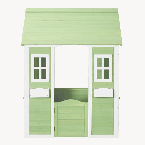 Casuta gradina joaca copii cu ferestre si ghivece pentru flori Kuoldsvin 144x107x90 cm verde/alb [en.casa]