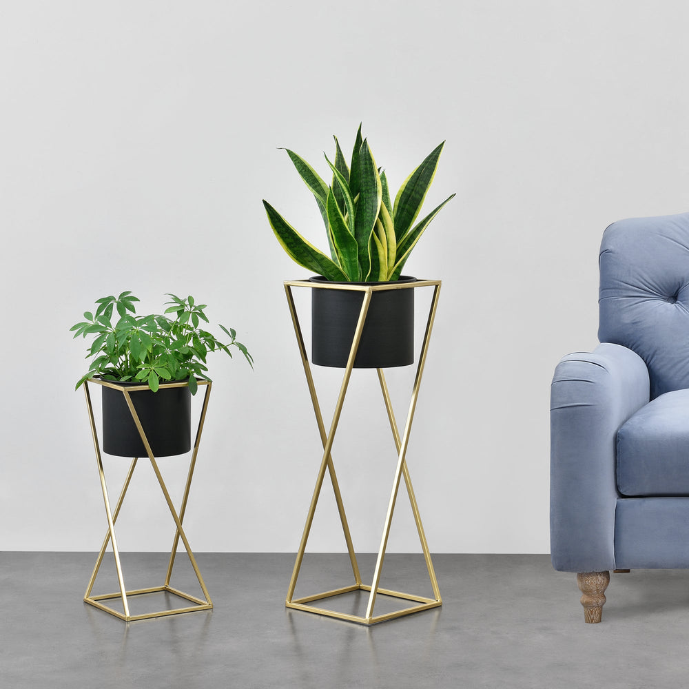 Blumentopf Ständer Mons 2 - tlg. Schwarz - Goldfarben en.casa - premiumXL