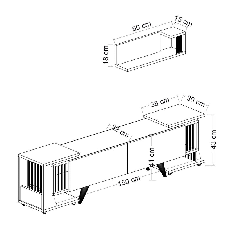 Schiță cotată Set mobilier 4 componente suport TV cu raft si 2 mese laterale Glostrup alb stejar [en.casa]