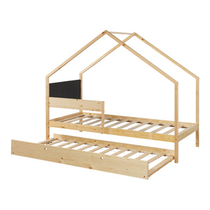 Pat casuta copii cu pat extensibil 200x90cm 100kg natur negru [en.casa]