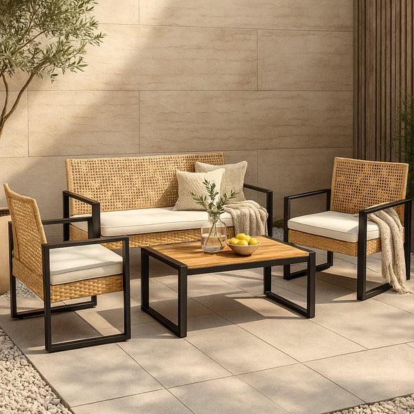 Set mobilier gradina 4 piese Calciano 1 masa 1 banca 2 scaune efect ratan bej [casa.pro]