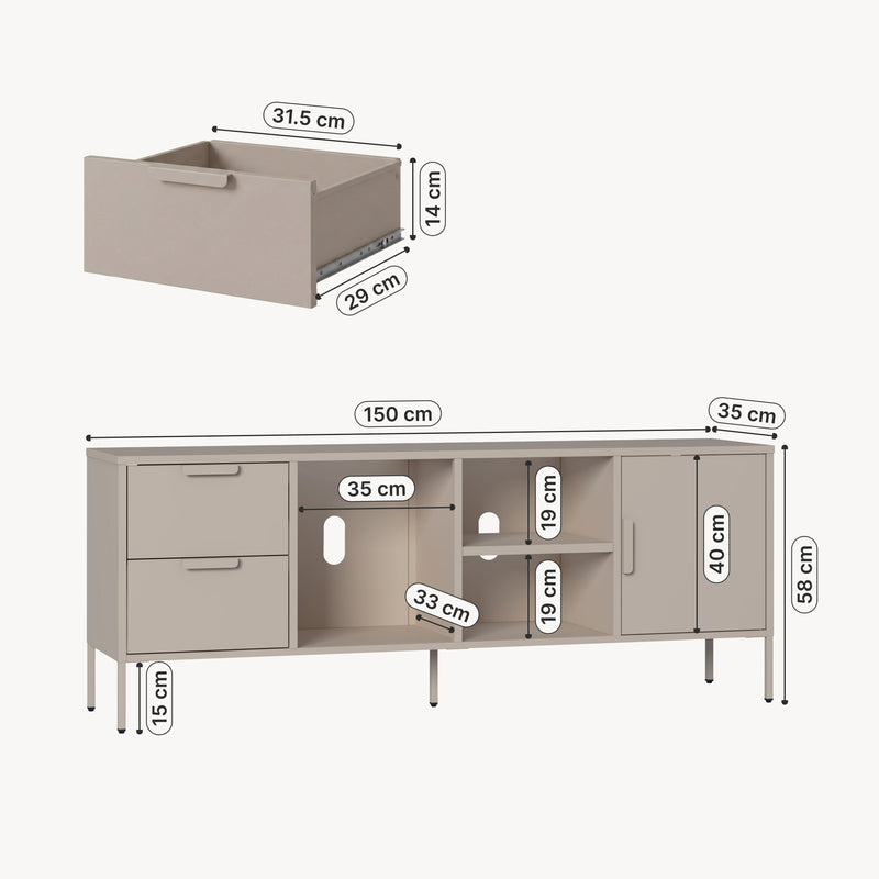 Schiță cotată Comoda TV Kliri 150x35x58 cm otel camel [en.casa]