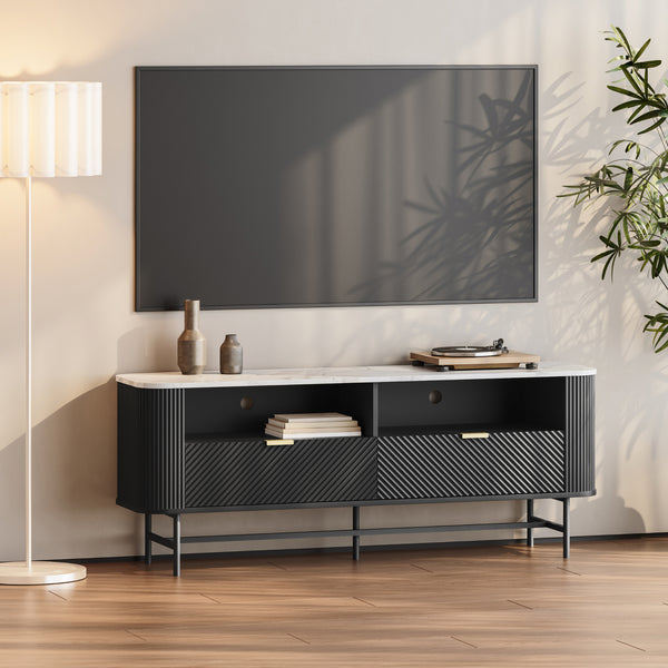 Comoda TV cu sertare si rafturi Olvehok 140x40x55 cm alb marmorat/negru [en.casa]