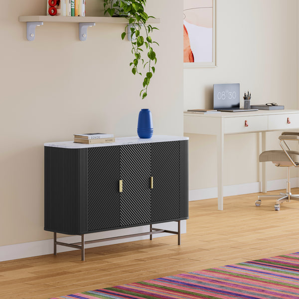 Servanta cu 3 usi Olvehok 110x40x77 cm alb marmorat/negru [en.casa]