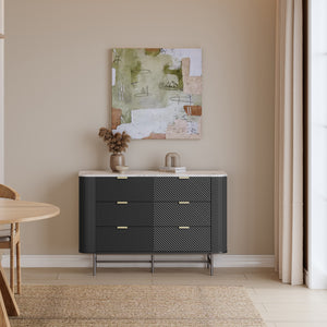 Comoda cu 6 sertare Olvehok 81x120x40 cm alb marmorat/negru [en.casa] 