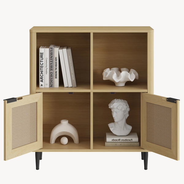 Comoda cu 2 usi si 2 rafturi Lukhomso 85x75x30 cm efect stejar/efect ratan/negru [en.casa]