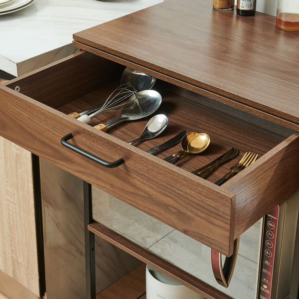 Sistem raft extensibil pe roti cu blat de lucru rotativ Kirhuskyna 130x40x85 cm negru/efect lemn nuc [en.casa]