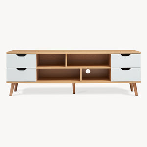 Comoda TV Bordkak 140x30x45 efect stejar/alb cu 4 sertare si 4 rafturi [en.casa]