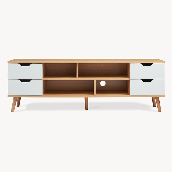 Comoda TV Bordkak 140x30x45 efect stejar/alb cu 4 sertare si 4 rafturi [en.casa]