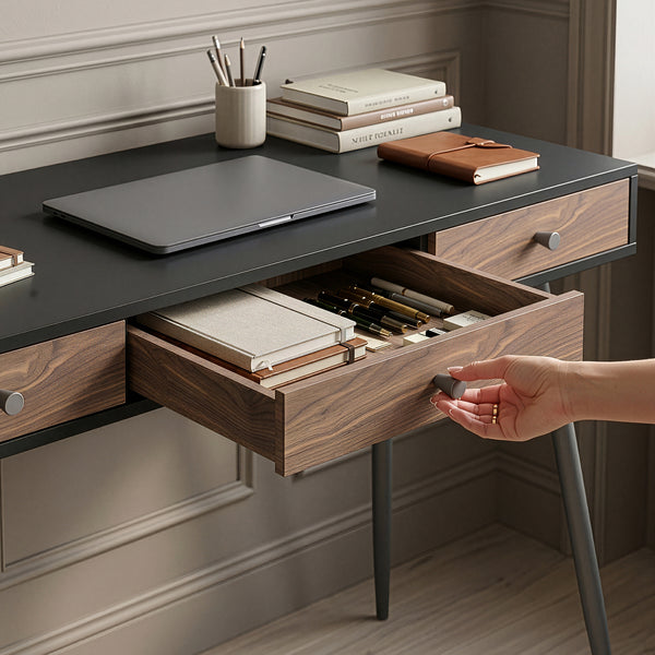 Birou cu 3 sertare Tumba NEU 76x115x48 cm negru/efect lemn nuc [en.casa]