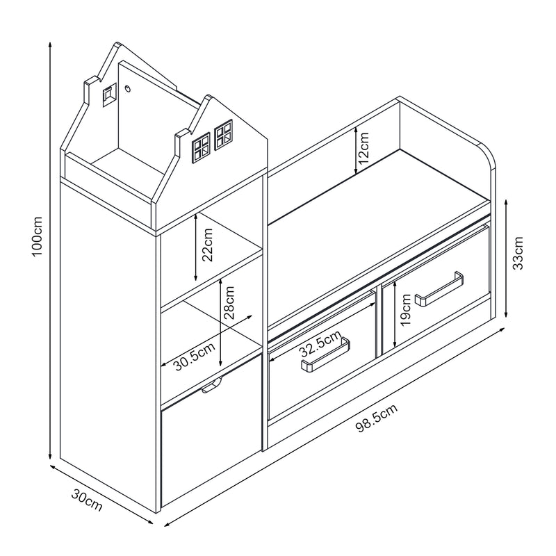 Schiță cotată Banca cu raft pentru copii Vipsali 100x99x30 cm [en.casa]