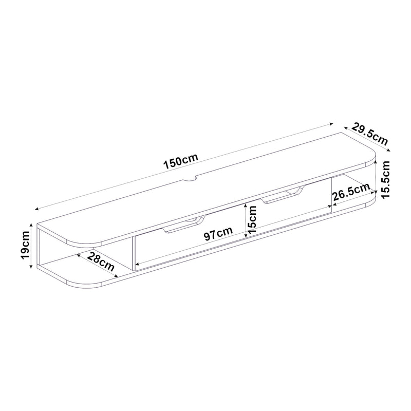Schiță cotată Suport TV de perete Karjali 150x30x19 cm efect lemn stejar [en.casa]