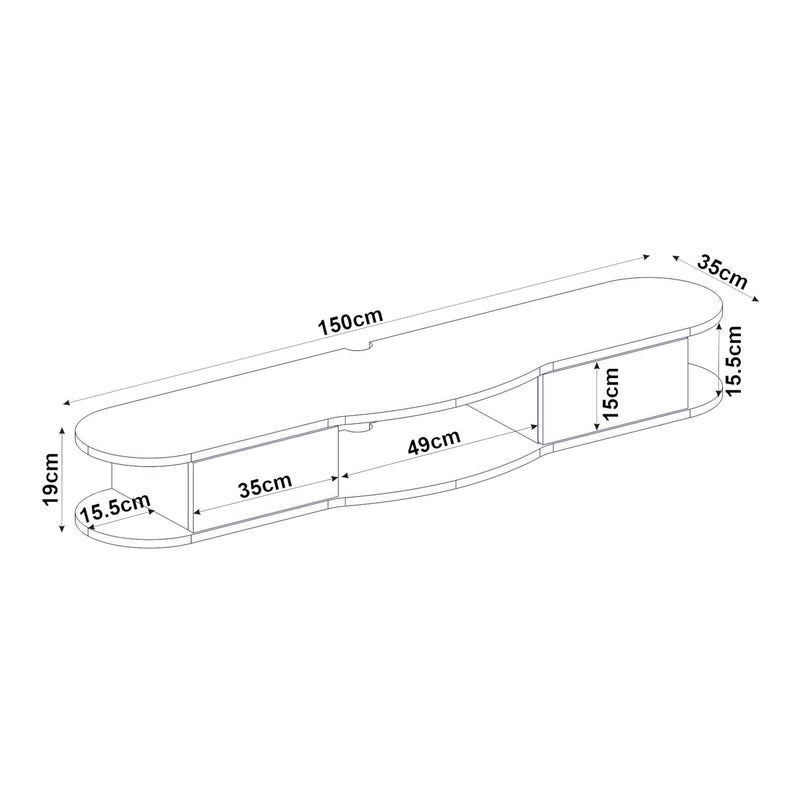 Schiță cotată Suport TV de perete Nyskiri 150x35x19 cm antracit/efect lemn stejar [en.casa]