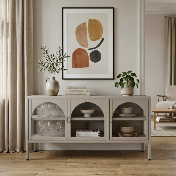 Vitrina cu 3 usi sticla Klippestad 118x35x55 cm gri cald [en.casa]