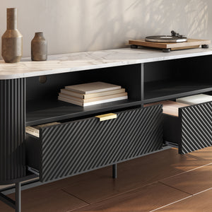 Comoda TV cu sertare si rafturi Olvehok 140x40x55 cm alb marmorat/negru [en.casa]