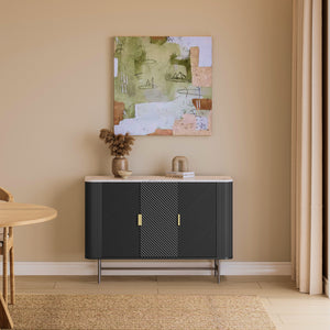 Servanta cu 3 usi Olvehok 110x40x77 cm alb marmorat/negru [en.casa]