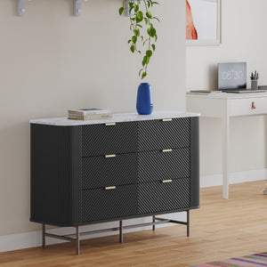 Comoda cu 6 sertare Olvehok 81x120x40 cm alb marmorat/negru [en.casa] 