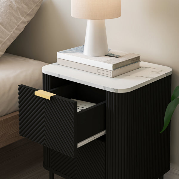 Set 2 buc noptiera cu sertare Olvehok 55x52x38 cm albmarmorat/negru [en.casa]