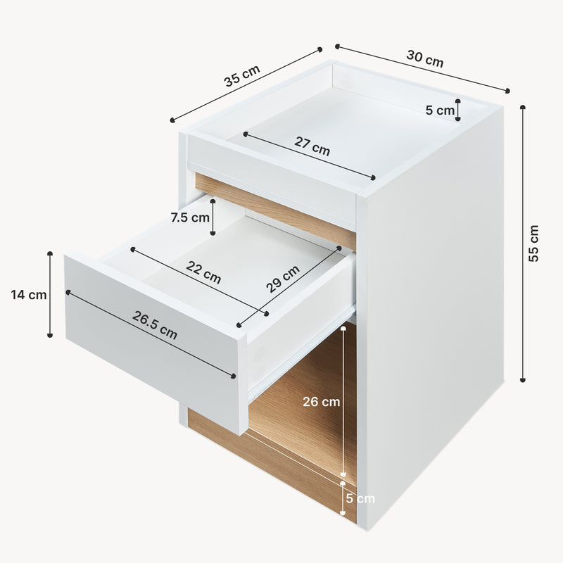 Schiță cotată Noptiera cu sertar Lure 55x30x35 cm alb/efect stejar [en.casa]