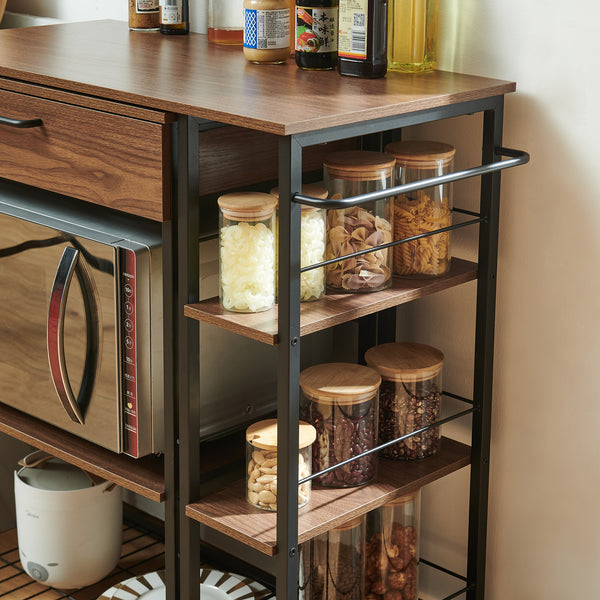 Sistem raft extensibil pe roti cu blat de lucru rotativ Kirhuskyna 130x40x85 cm negru/efect lemn nuc [en.casa]