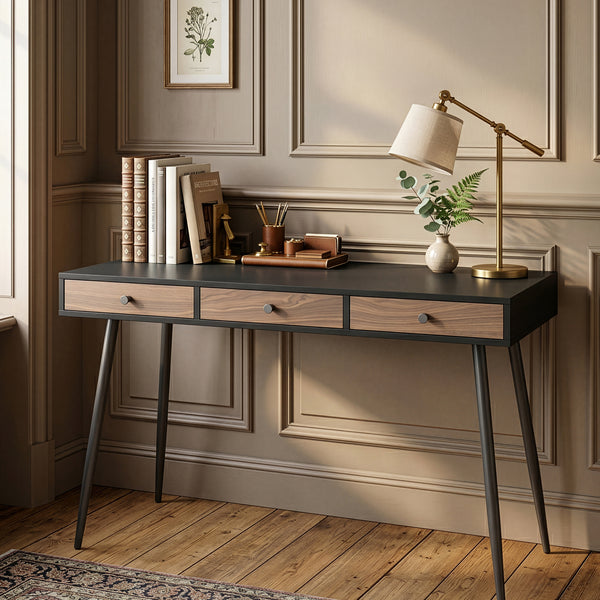 Birou cu 3 sertare Tumba NEU 76x115x48 cm negru/efect lemn nuc [en.casa]