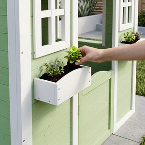Casuta gradina joaca copii cu ferestre si ghivece pentru flori Kuoldsvin 144x107x90 cm verde/alb [en.casa]