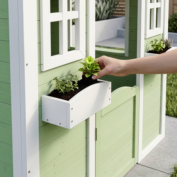 Casuta gradina joaca copii cu ferestre si ghivece pentru flori Kuoldsvin 144x107x90 cm verde/alb [en.casa]