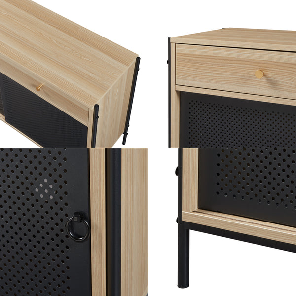 Comoda TV cu 2 usi glisante Tysnes 120x40x75cm PAL metal efect stejar/negru [en.casa]
