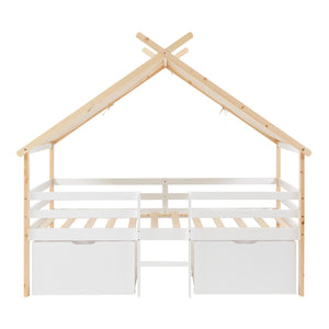 Pat casuta copii Surnadal 200x90 cm lemn alb/natur cu saltea [en.casa]