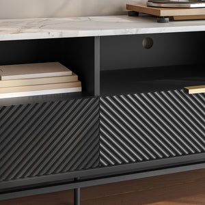 Comoda TV cu sertare si rafturi Olvehok 140x40x55 cm alb marmorat/negru [en.casa]