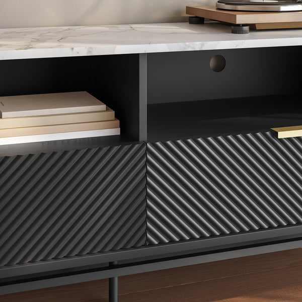 Comoda TV cu sertare si rafturi Olvehok 140x40x55 cm alb marmorat/negru [en.casa]