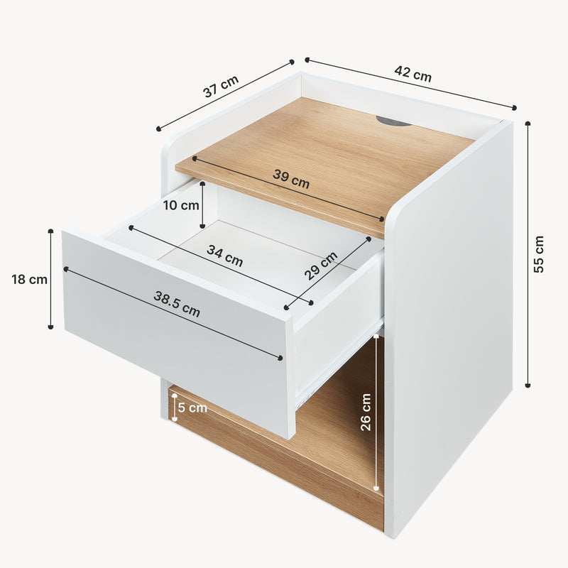 Schiță cotată Noptiera cu sertar Kuorshare 55x42x37 cm alb/efect stejar [en.casa]