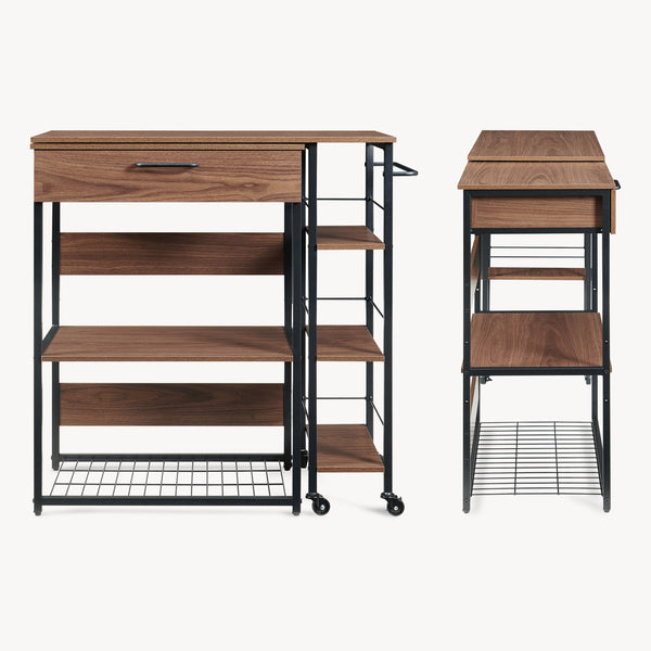 Sistem raft extensibil pe roti cu blat de lucru rotativ Kirhuskyna 130x40x85 cm negru/efect lemn nuc [en.casa]